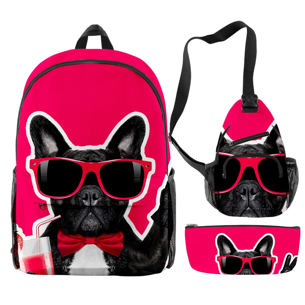 Harajuku ความแปลกใหม่ Cool French Bulldog 3 ชิ้น/เซ็ตกระเป๋าเป้สะพายหลัง 3D พิมพ์กระเป๋าถือแล็ปท็อป Daypack กระเป๋าเป้สะพายหลังกระเป๋าดินสอกรณี