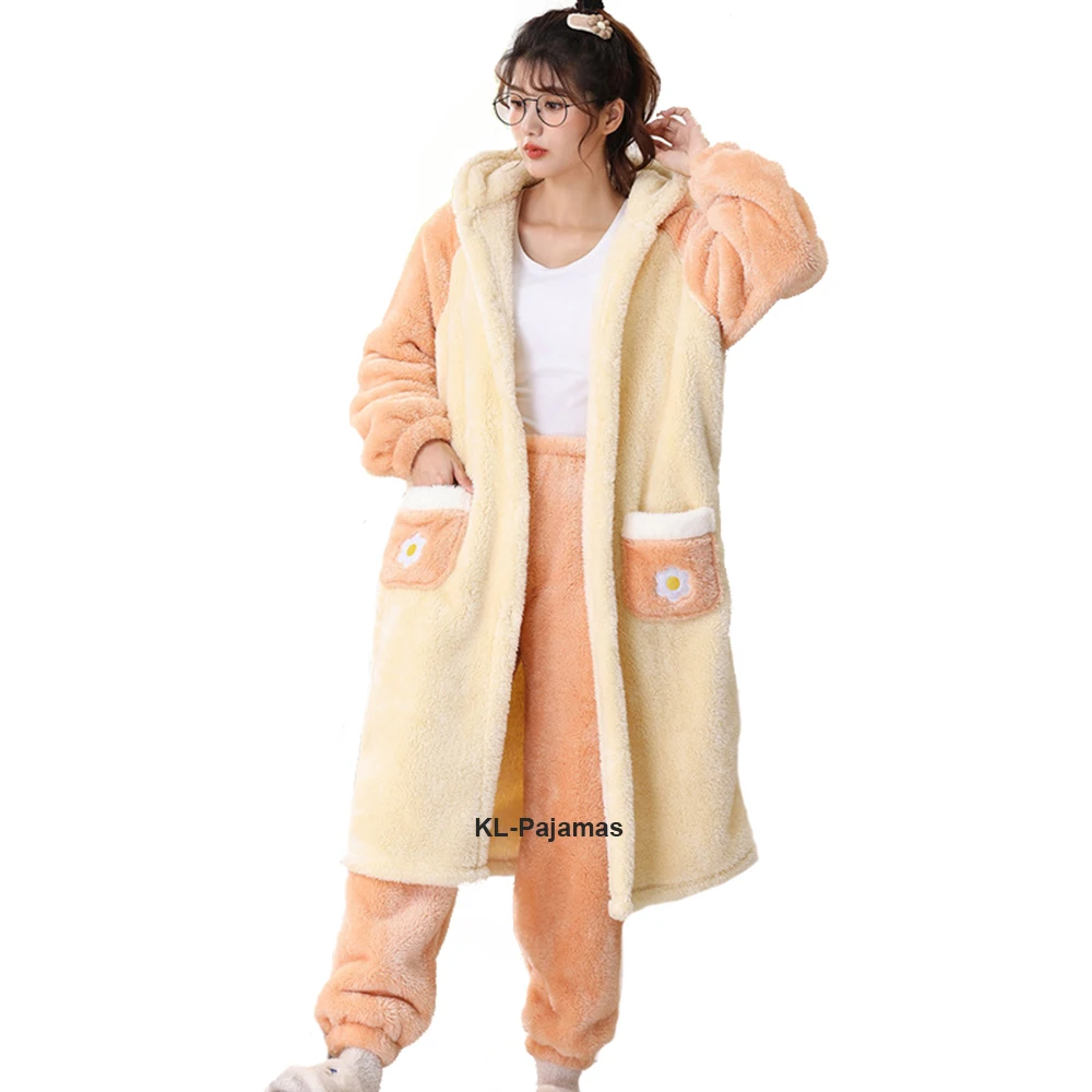 Sweet Womens Pajamas Sets Winter Cosplay Suit Velvet Woman's Nightgown Lady's Fluffy Hooded Cartoon Sleepwear Sleeping Dresses