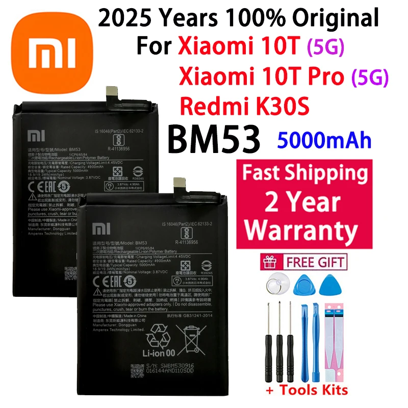 

2025 Years BM53 Original Battery For Xiaomi 10T / 10T Pro Redmi K30S 10TPro Mi 10T Mi10T 5000mAh Phone Battery Batteries