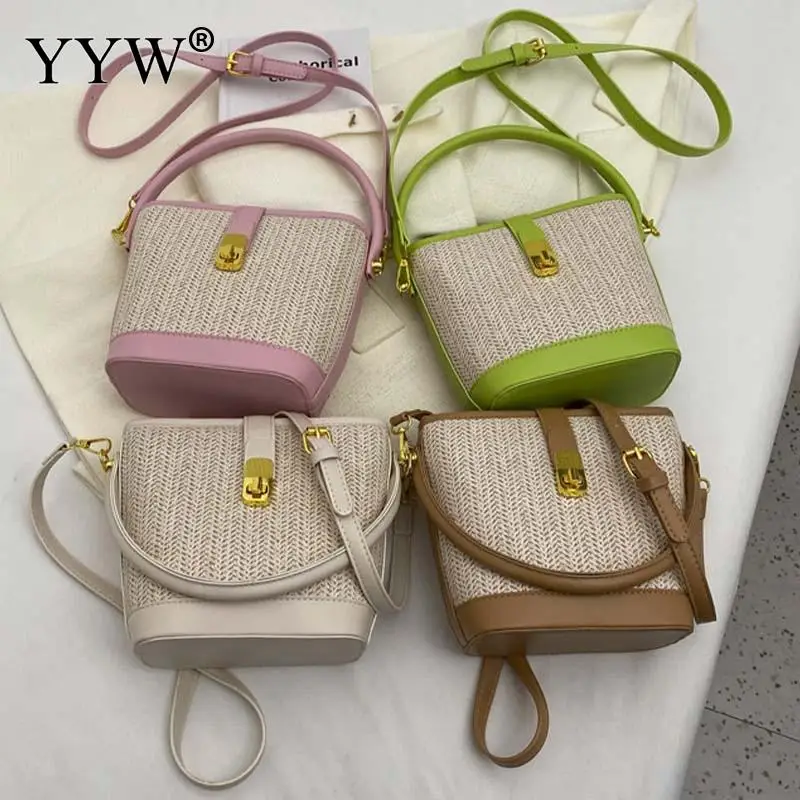 Crossbody Shoulder Wheat Straw Women Handbag Soft PU Leather Handle Bucket Bag Summer Beach Woven Designer Casual Ladies Pack