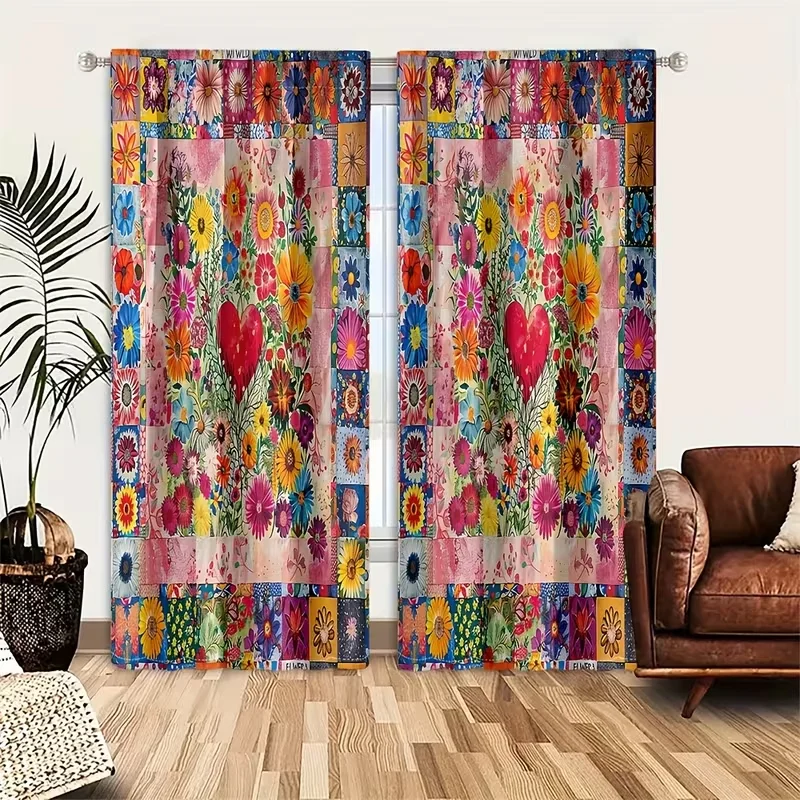 2 Stück bunte Blumen-Herz-Patchwork-Vorhänge, Boho-Vintage-Druck, Lichtfilter-Vorhänge, böhmische Heimdekoration für Wohnzimmer