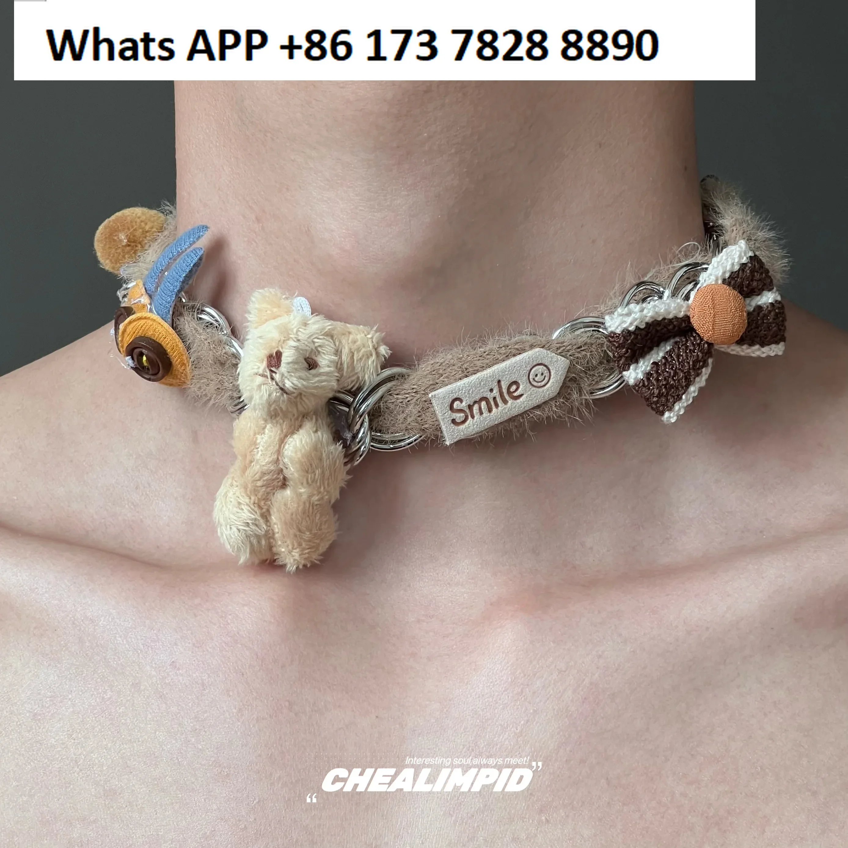 Choker/. Plush bear bow cartoon element collar collar cute sweet cool girl niche necklace