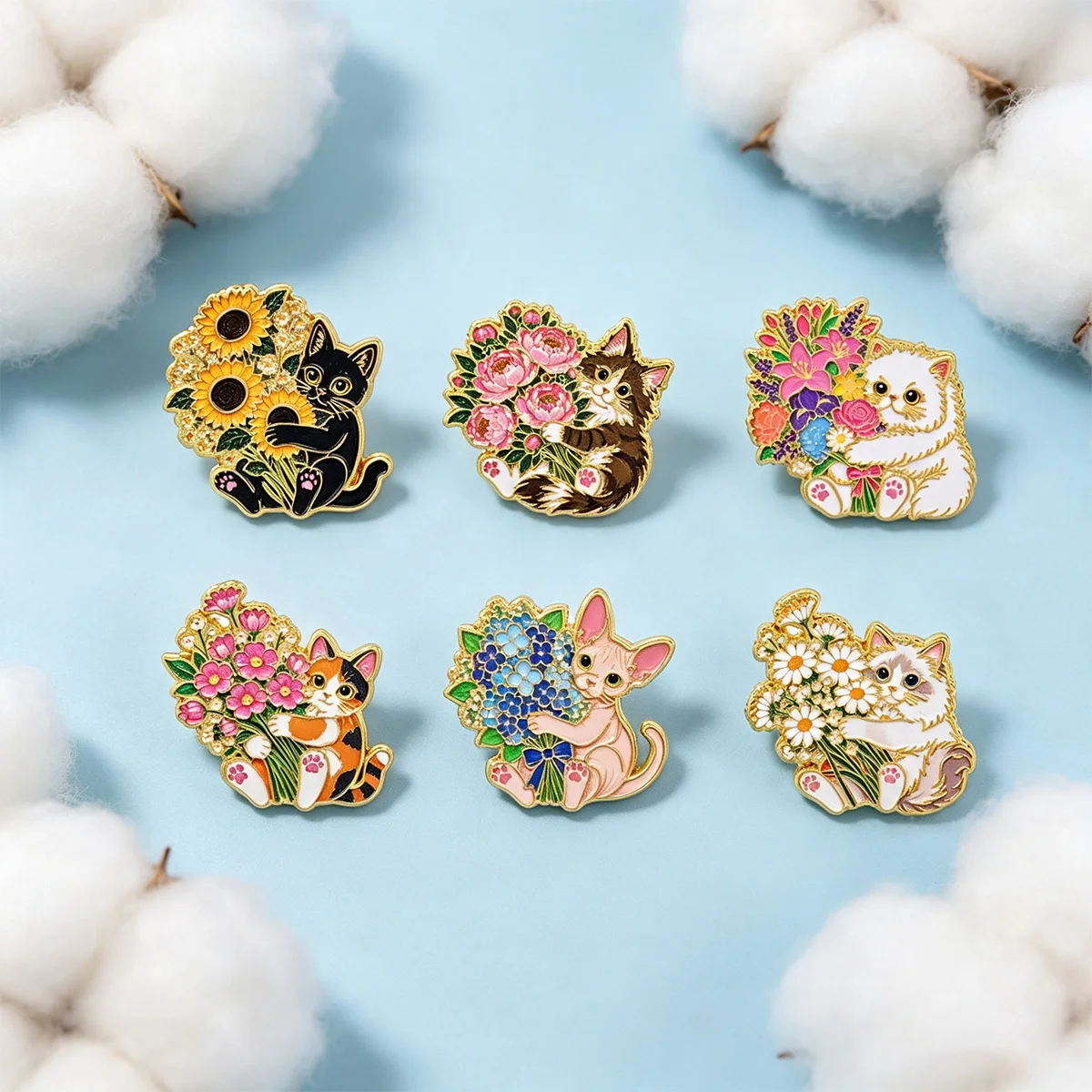 12-teiliges Set Blumenstrauß-Katzen-Emaille-Pins, Bunte Gemischte Katzen-Broschen für Rucksäcke, Kleidung, Schmuck, Geschenk für Tierliebhaber – Detail 5