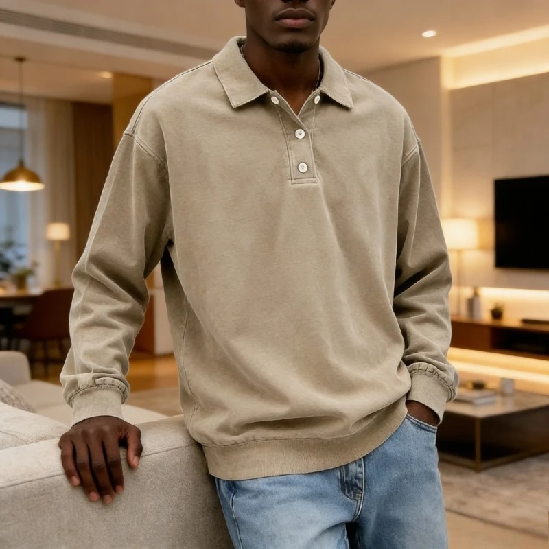 

Solid Color Pullover Shirt Men Long Sleeve T-shirt Spring Summer Casual Button Top Business Commuting