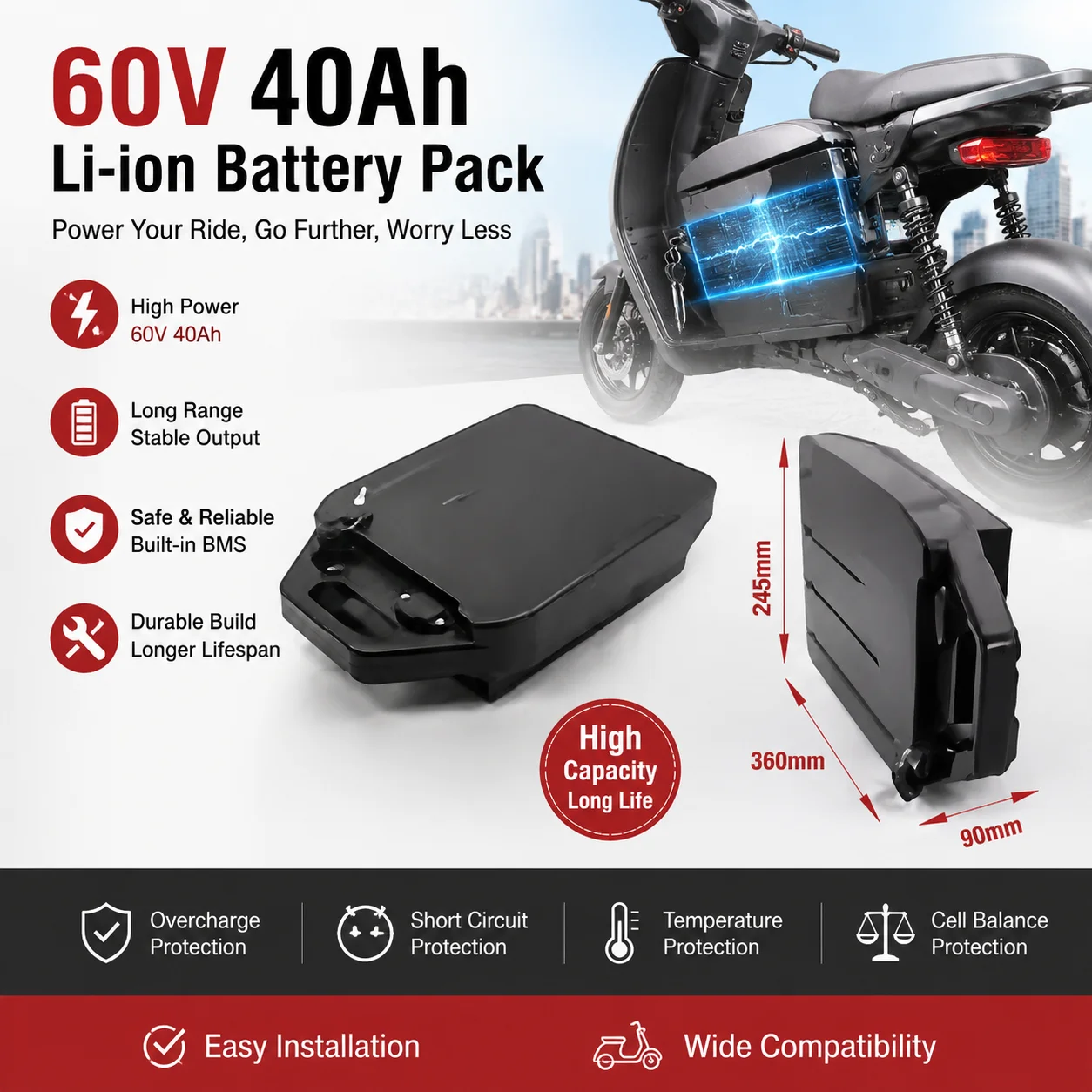 Für HarleyBattery 60V 20Ah 30Ah 40Ah 18650 wiederaufladbarer Lithium-Akku, Hochleistungs-Ersatzakku mit eingebautem BMS für CityCoco Elektroroller und Elektromotorrad.