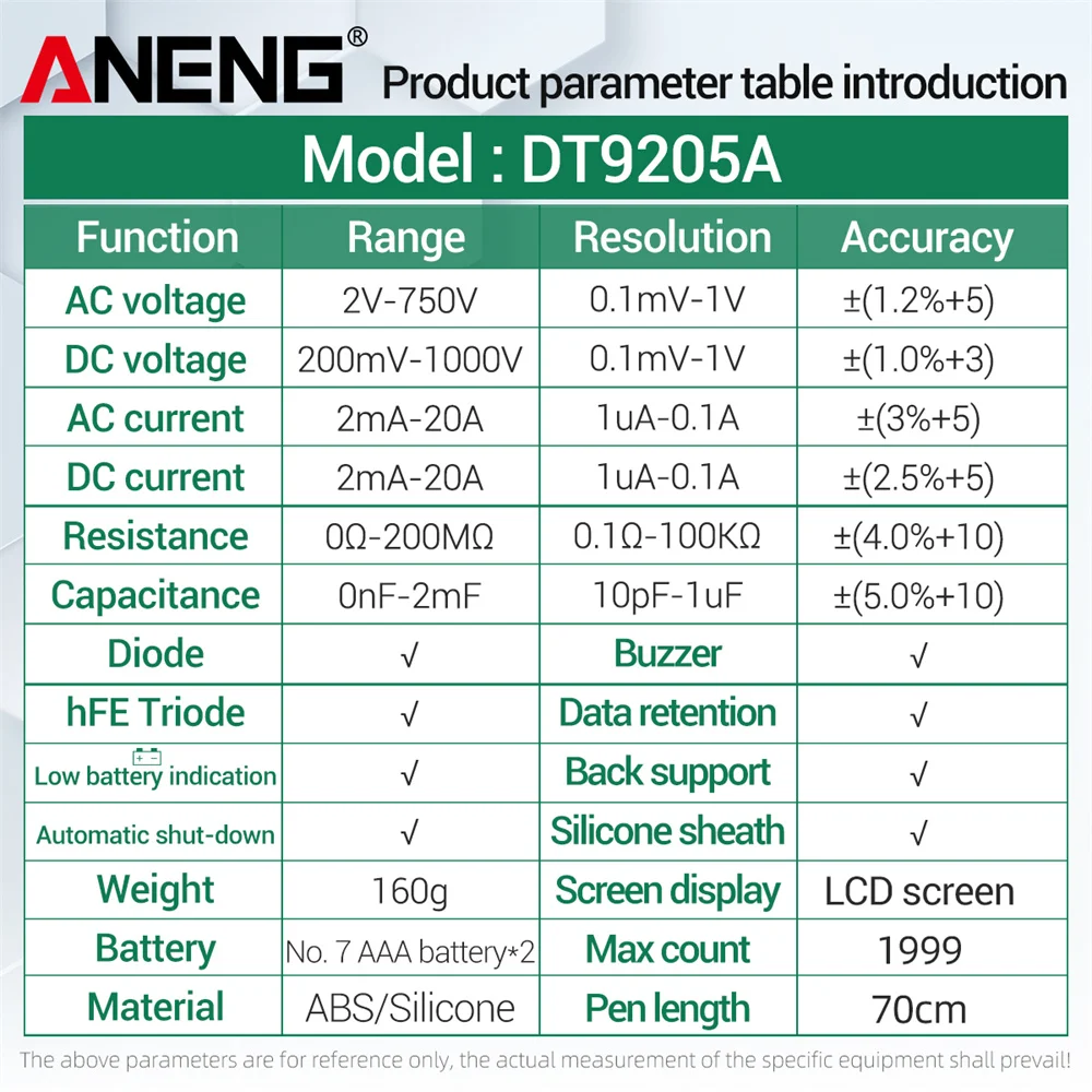 ANENG DT9205A Digitales Multimeter Automatisch Professionell 1999 Messungen Auto AC/DC Spannungsprüfer Ohm Strom Amperemeter Detektor Werkzeug – Detail 4
