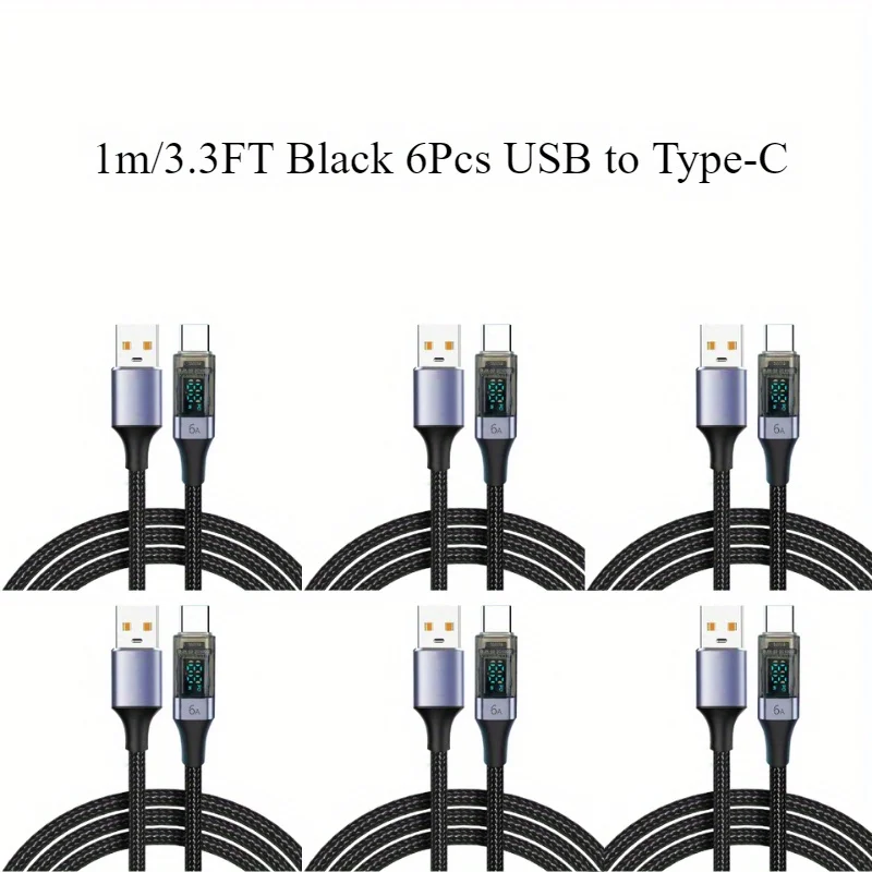 6 عبوات من كابل بيانات العرض الرقمي الذكي بطول 1 متر/3.3 قدم، كابل شحن سريع 66 وات، USB إلى Type-C، كابل شحن سريع كهربائي مرئي