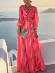 Kobiety eleganckie solidne falbany długa sukienka na przyjęcie Lady Sexy głębokie V Neck sukienka z odkrytymi plecami plaża styl Femme Casual sukienka na wakacje Vestido