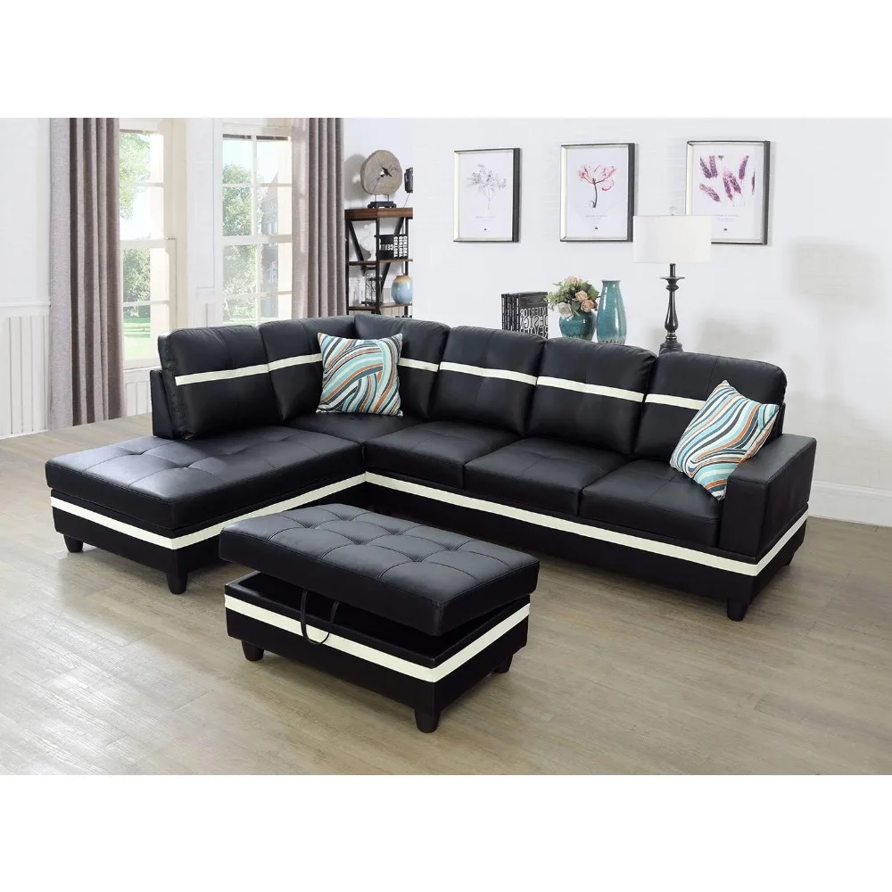 

Leather Sectional Sofa Set, Left Facing, Black & White 250 Pounds 35"D x 103.5"W x 74.5"H