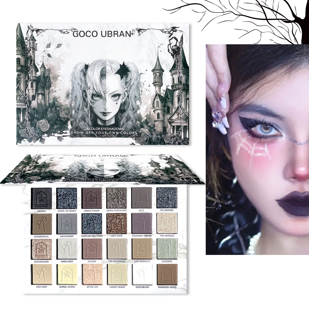 Dark Elf 24-kleuren oogschaduwpalet - vampier geïnspireerd, mat/shimmer/glitter, 12H wear, geen fallout (cosplay/club/rave) Halloween