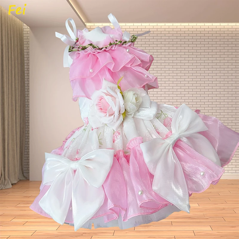 

Adjustable Princess Party Dress for Poodle/Pomeranian - Handmade Pink Flower Bow Dog Skirt Photography Outfit Small Puppy Size