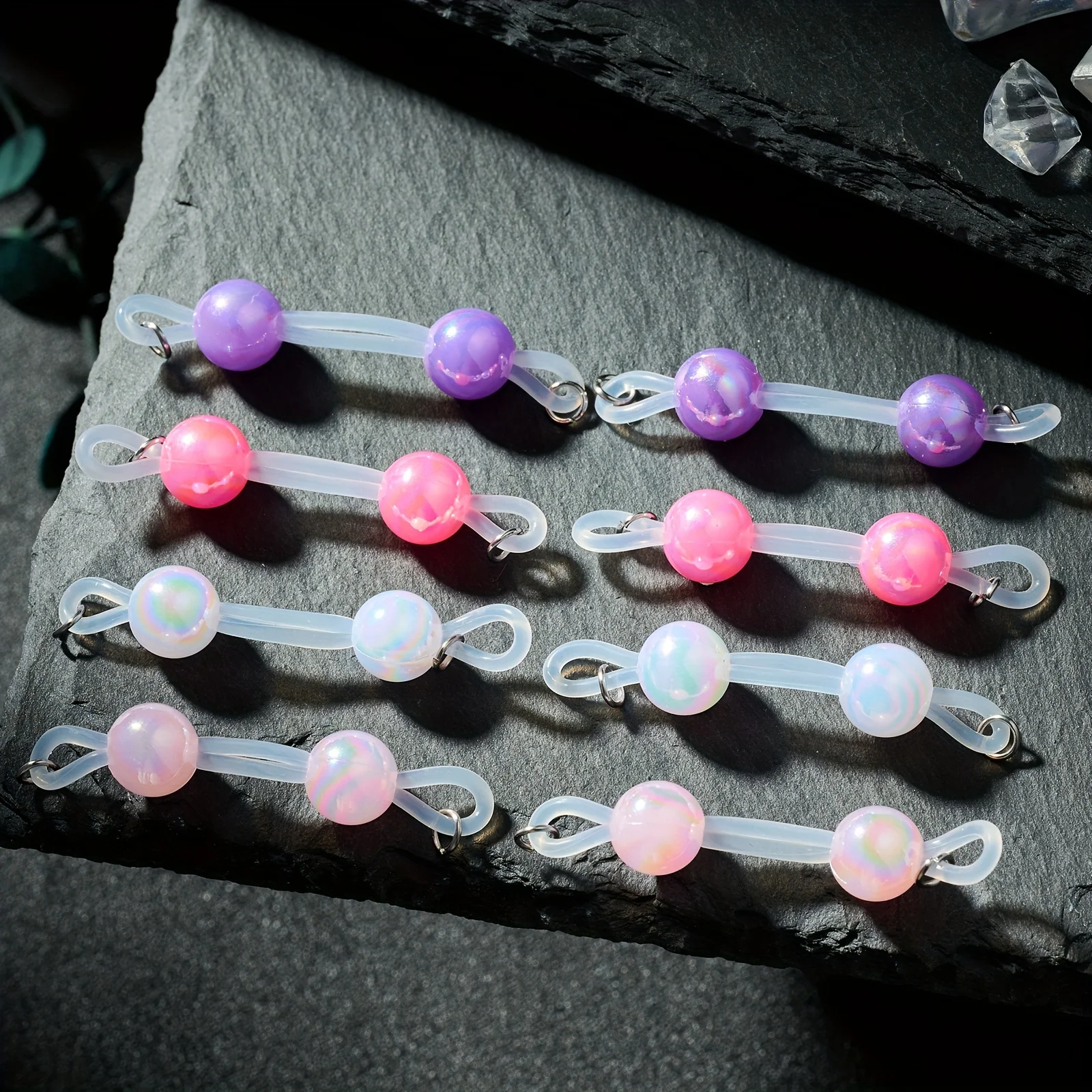 سلاسل خرز بدون ثقب - أرجواني باستيل، وردي، وردي قزحي الألوان وردي/أزرق/أرجواني/، حلقات سيليكون قابلة للتعديل، مجوهرات بمشبك