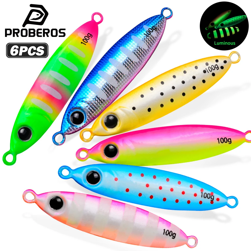 `PROBEROS 5PCS Luminous Metal Jig Lure Laser Coating 3D Eyes Saltwater Shore Casting Fishing Tackle`