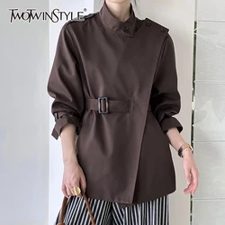 TWOTWINSTYLE Solid Loose Short Trench For Women Stand Collar Long Sleeve Patchwork Button Casual Coats Female Fashion Clothes