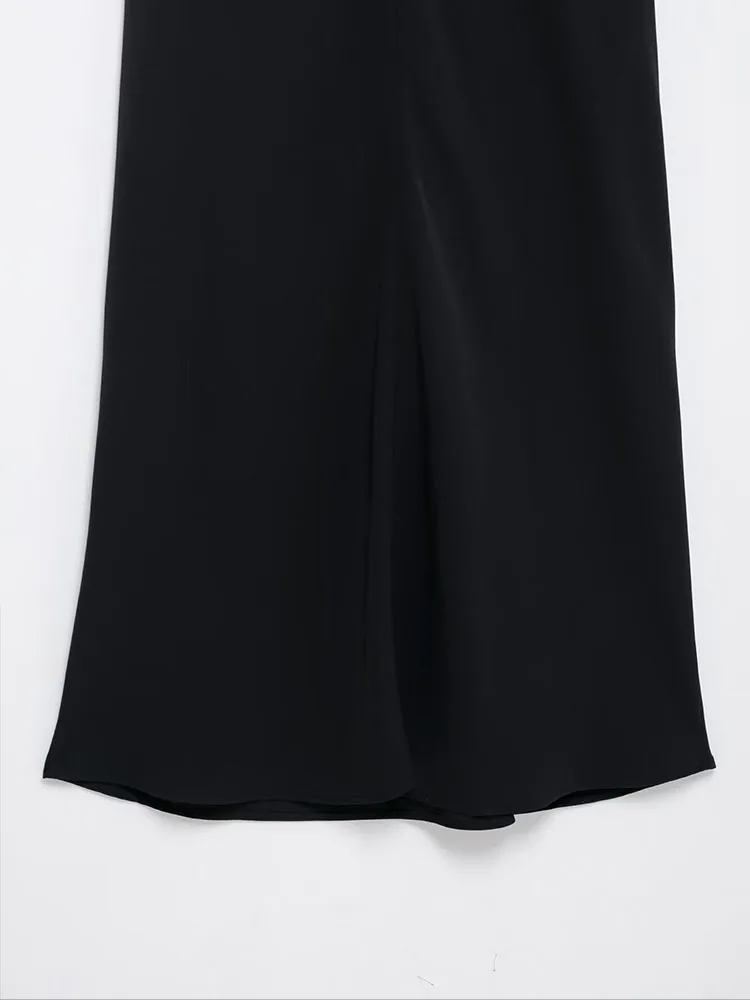 TRAFZA 2025 หญิงฤดูร้อนวันหยุดสไตล์ชุดยาวสีดําPatchworkแขนกุดBackless Hollow Out Zipperชุดแฟชั่นผู้หญิง