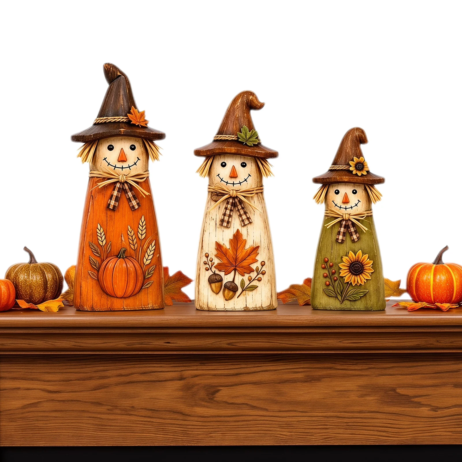3pcs Vintage Wooden Scarecrow Fall Decor Farmhouse Harvest Figurines Rustic Distressed Wood Harvest Scarecrow Figurines
