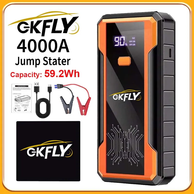 Image of GKFLY 59,2 Wh Auto-Starthilfe, 4000 A, 12 V Ausgang, tragbares Notstart-Ladegerät für Autos, Booster-Batterie-Startgerät