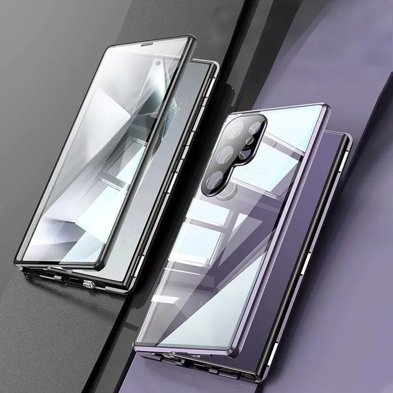 

For Samsung Galaxy S26 S24 Plus S23 FE S22 S25 Ultra Metal Magnetic Phone Case Tempered Glass Full Lens Protection Cover Cases
