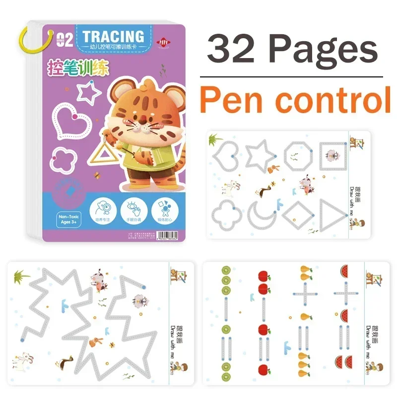 Libro de trabajo de rastreo mágico Montessori para niños, Control de bolígrafo, entrenamiento, caligrafía reutilizable, cuaderno educativo