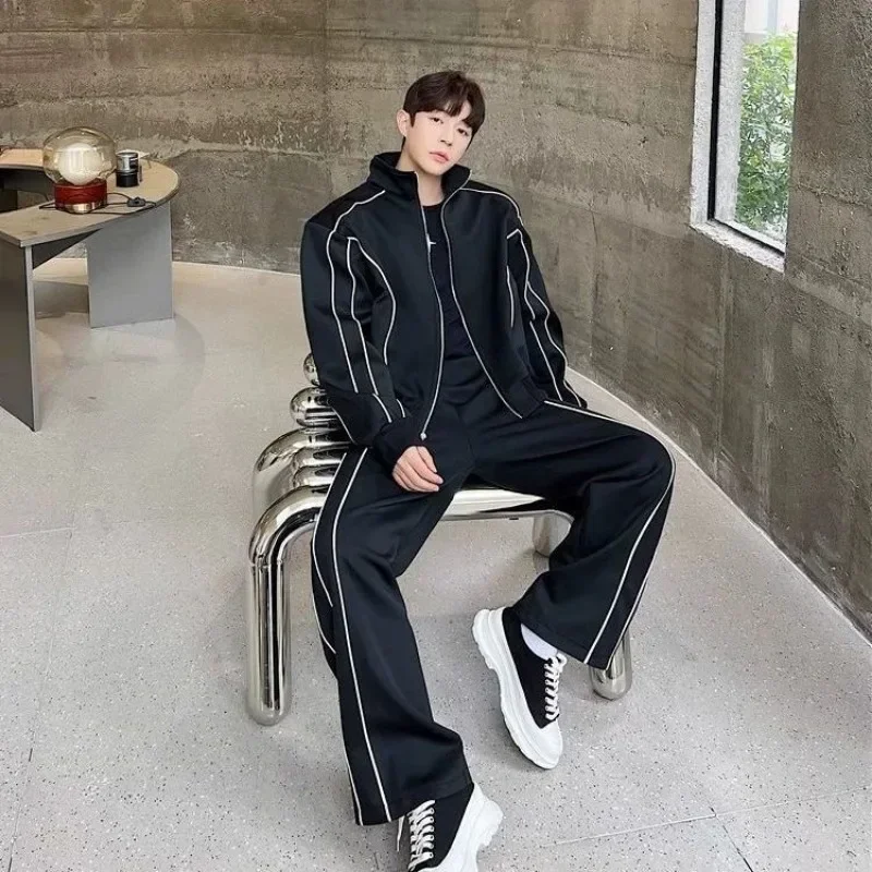 

Solid Sets Men Loose Jackets Turn-down Collar Panelled Handsome Daily Sporty Japanese Style Spring Autumn Mid Waist Pants Simple