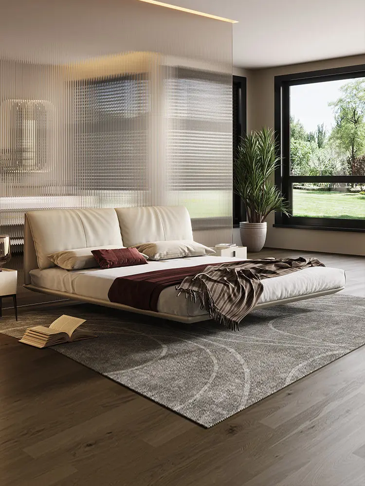 

#% Bed Full Size Pine Solid Wood Leather Minimalist Italian-style Modern Hanging Design Wabi-Sabi Style Luxury Box Spring Made
