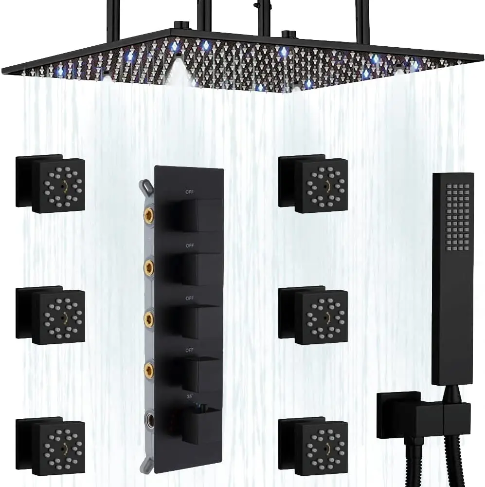 

Матовая черная термостатическая душевая система с дождевым душем. Большая светодиодная душевая система для всего тела.