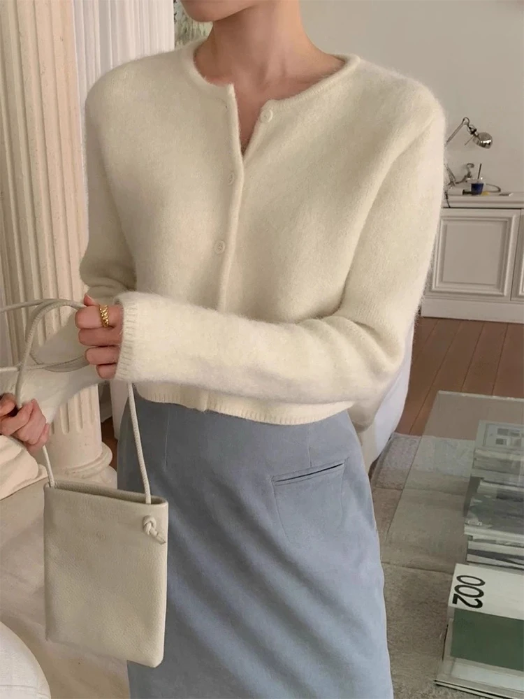 

Chic Autumn New Gentle Sle round Ne Fluffy Long Sve Knitted Open Cardigan Sweater Jaet Soft Cozy Loose Fit for Women