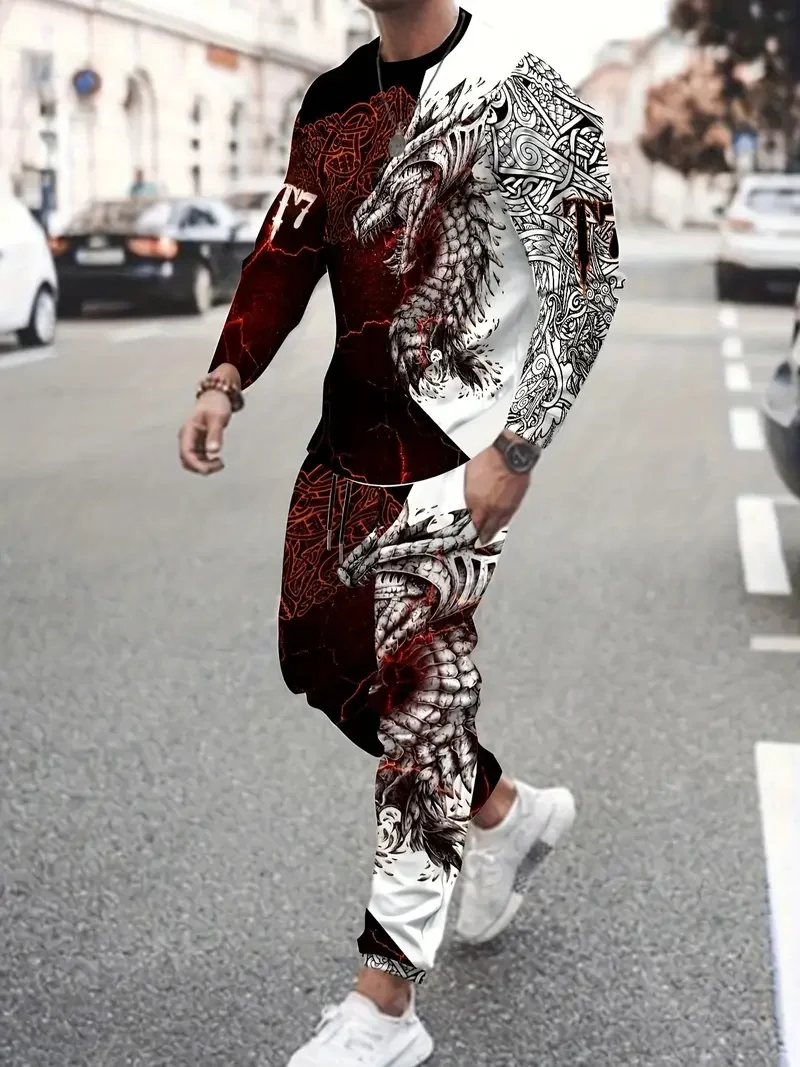 Spring And Fall Men\'s Long Sleeve Pant 2pcs Sets Dragon Striped 3D Animal Print Man Set Everyday Fashion Men Long Sleeved Tshirt