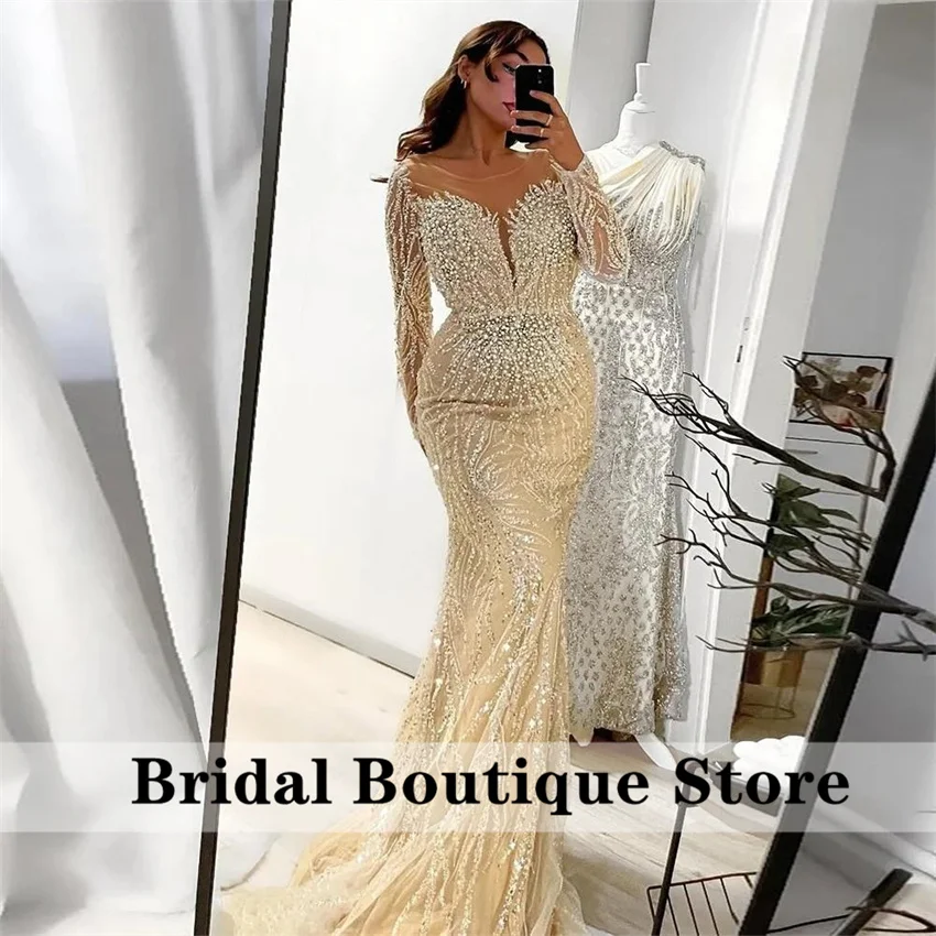 

Shining Champagne Dubai Evening Dresses 2025 Beading Crystals Wedding Party Gown For Special Occasions Vestidos Customized
