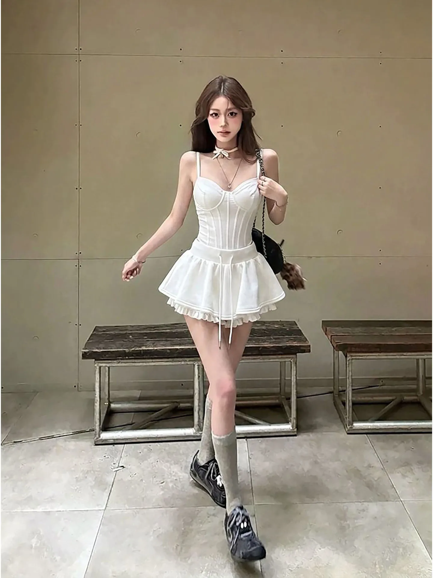 Sexy Low Cut Mesh See through Fishbone Strap Vest Women's Short Style Spicy Top Skirt Set Summer Fashion Elegant Casual Wear