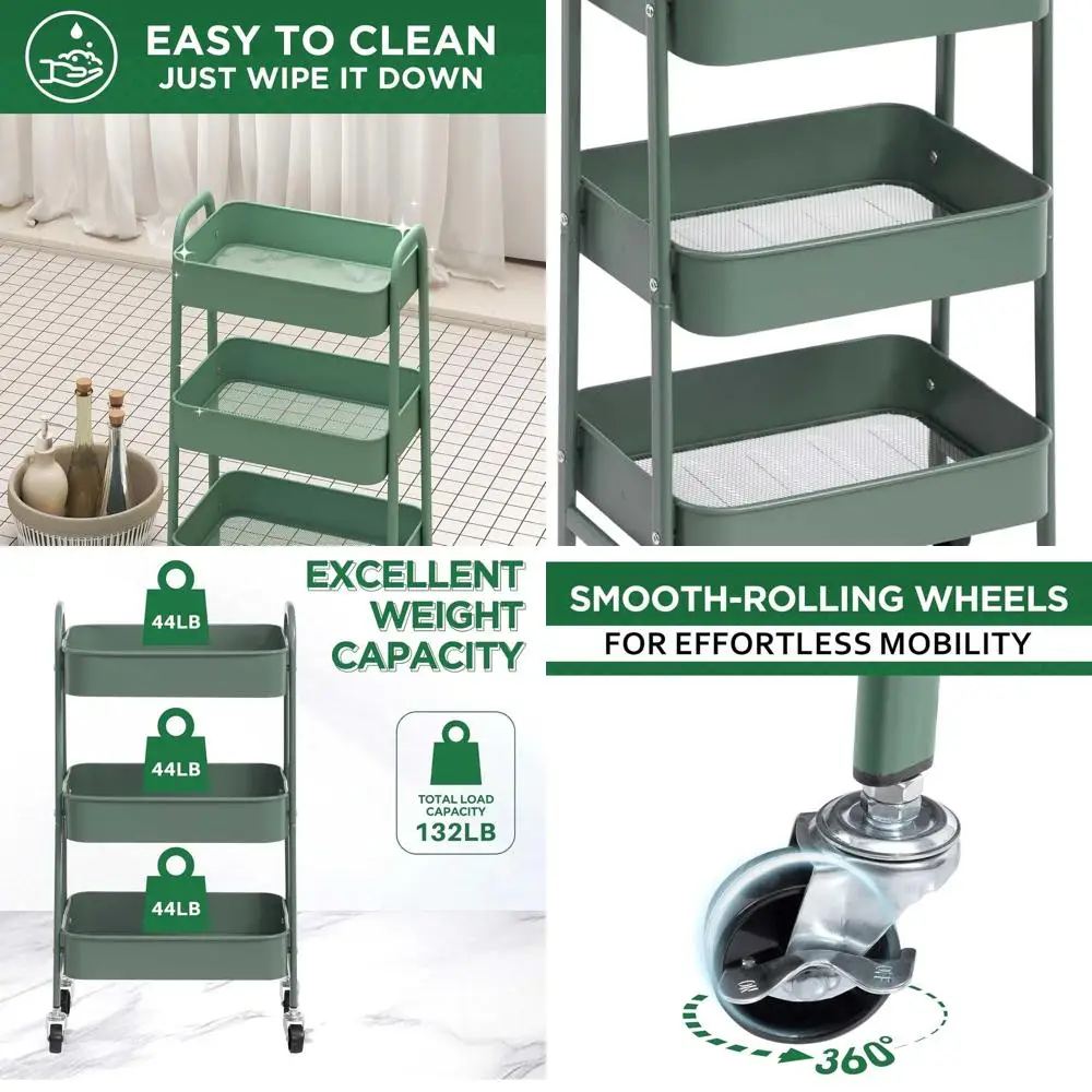 

3-х уровневая зеленая металлическая тележка на колесиках с местом для хранения косметики