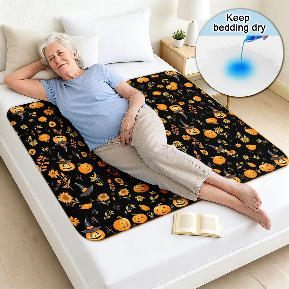 Washable & Reusable Care Urine Pad, Halloween Pumpkins Witches Hats Sunflowers, 2D FLAT Printing Incontinence Bed Pad