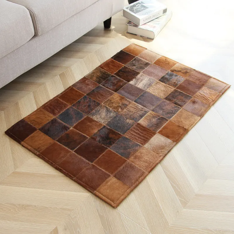 Simple Brown Plaid Area Rug Living Room Geometric Simple Real Cowhide Rug Decor Home Large Center Floor Rug Retro Home Decor