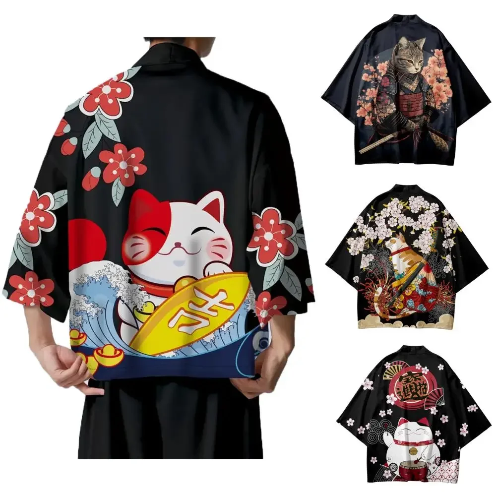 

Japanese Sakura Cat Samurai Printed Kimono for Men Women, Haori Cardigan, Traditional Costume, Loose Short Sleeve Cloak, S-3XL