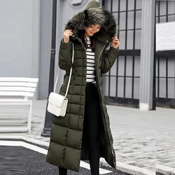 Casaco acolchoado de pele com capuz feminino, casaco longo quente, parka fashion, outwear de neve, roupas de inverno, 2023