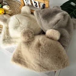 Winter Cute Bear Ears Warm Hat Damska czapka z daszkiem Gruba wiatroodporna czapka Puszyste sztuczne futro Bucket Hat Earflap Bonnet Zimowe prezenty