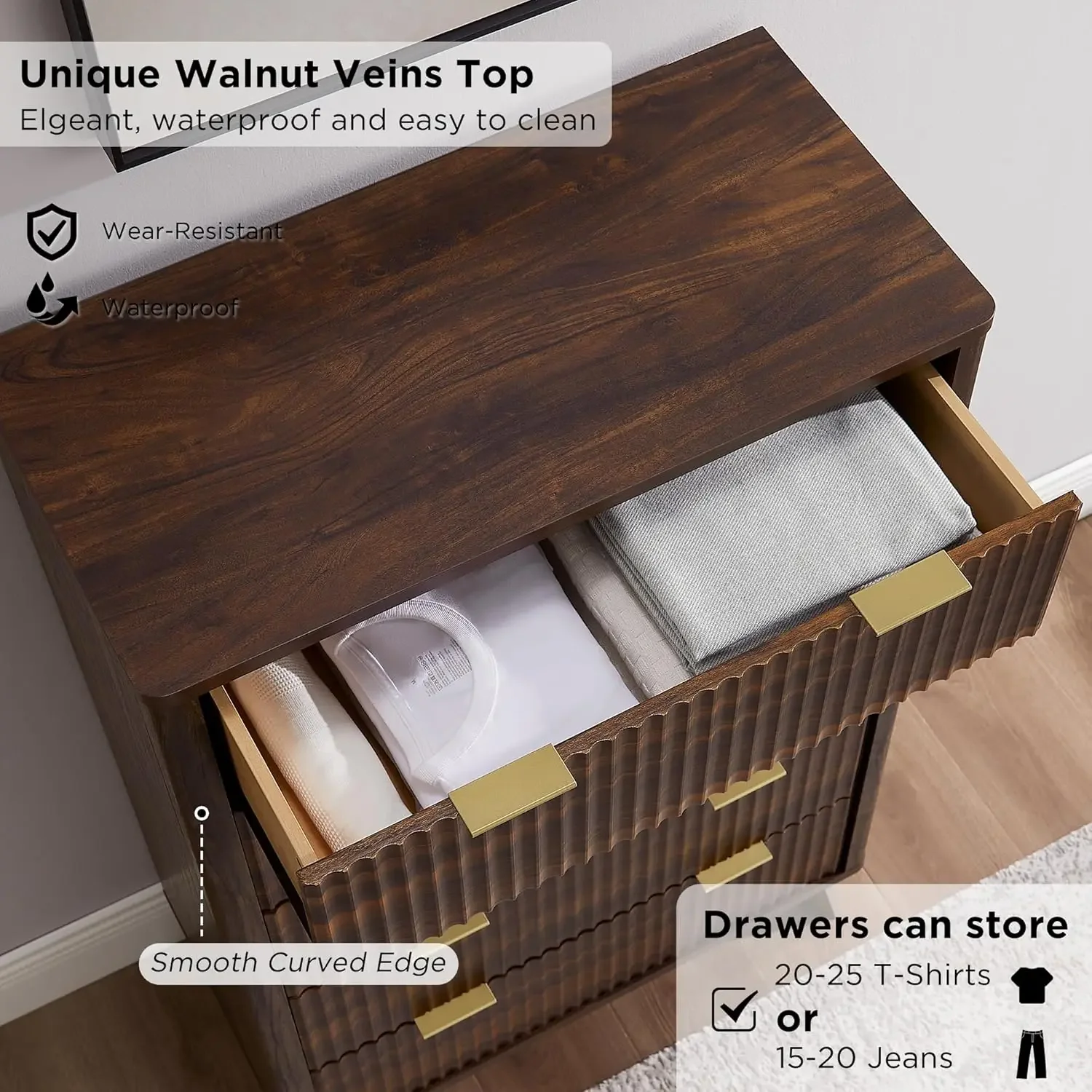 [Limited Time Offer + Free Shipping!]Fluted 5 Drawers Dresser, 48" Tall Modern Chest of Drawers, Curved Profile Design, Wood Dra