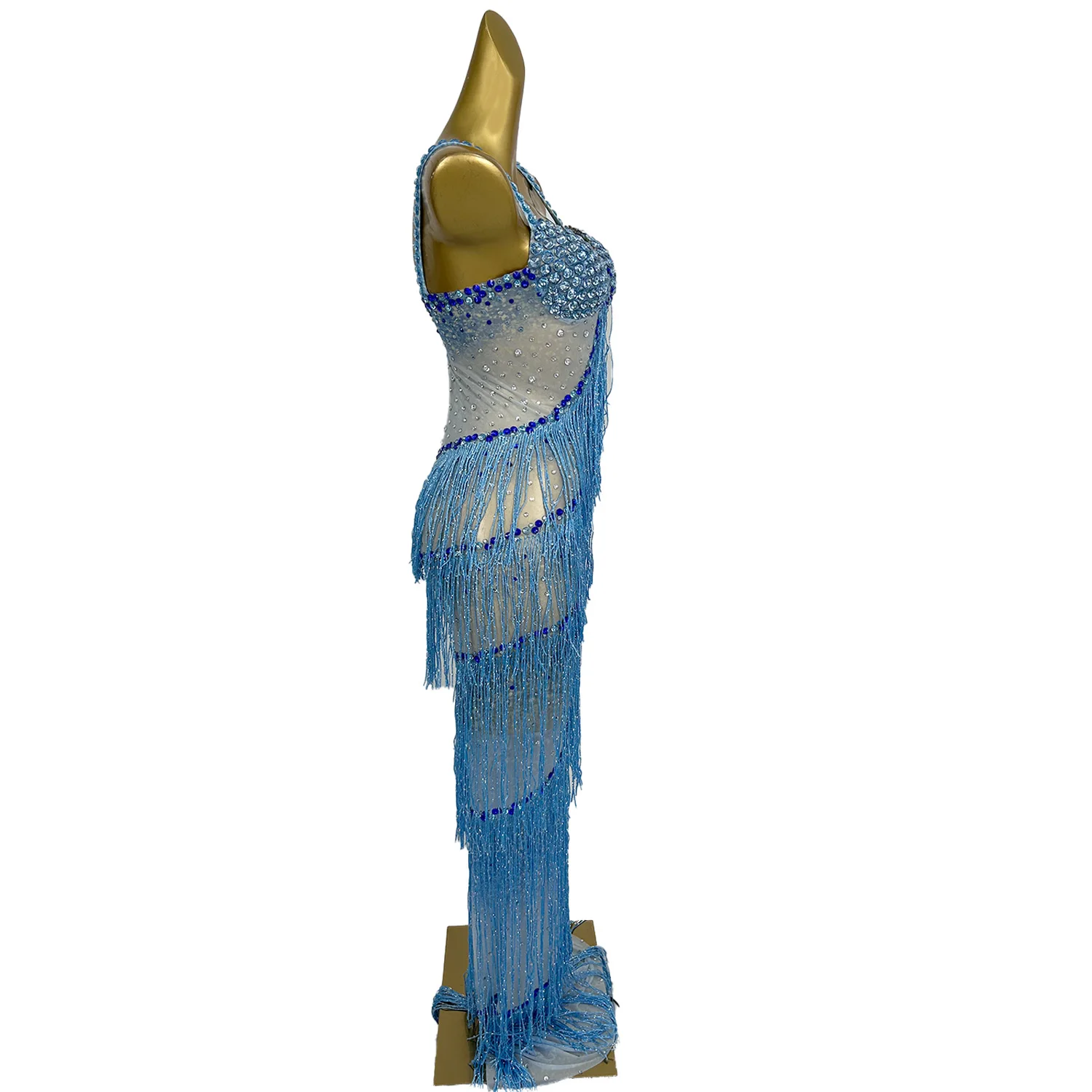 Vestido largo elegante de malla transparente con borlas en capas, vestido de noche azul brillante con diamantes de imitación, fiesta de celebración de cumpleaños, Lantian de alta costura Sexy