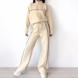 Casual Zipper Sweatshirt Coat +pants Two Piece Sets Women Fashion Lace Up Wide Leg Pants Outfits Autumn Winter Sports Pants Suit