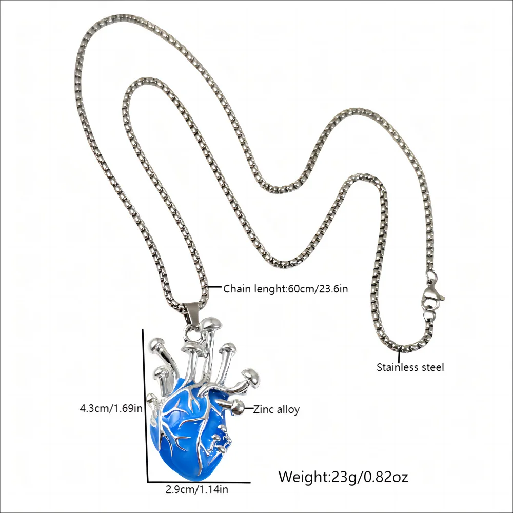 1Pcs Zinc Alloy Glow In Dark Anatomical Heart Pendant Necklace Hip Hop Luminous Jewelry For Halloween Party Outfit
