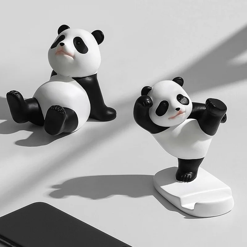 Cell Phone Stand Holder with Panda Figurine for Modern Home Office Decor, Crafted from Durable Resin Sculpture