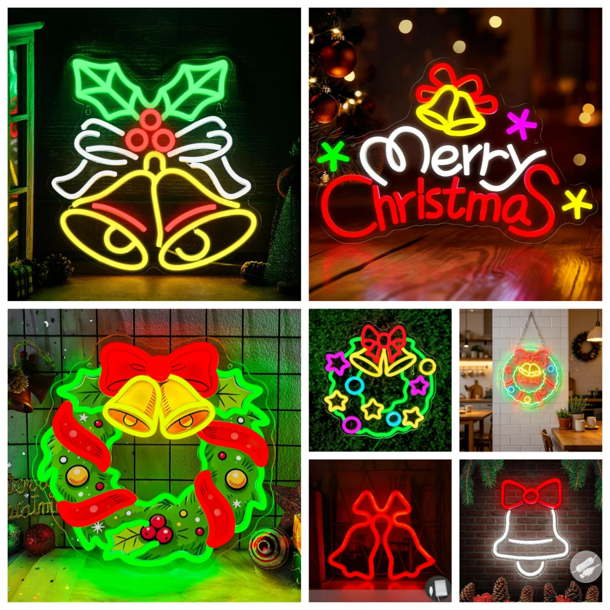 Christmas Bells With Holly Bow Neon Sign USB Dimmable LED Lights For Xmas Holiday Home Table Wall Indoor Room Decor Gifts