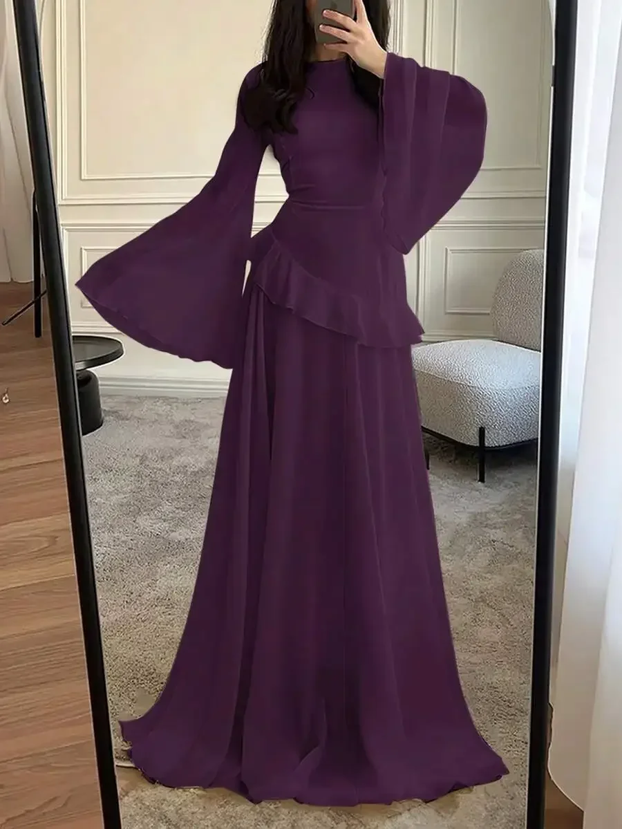 

Womens Elegant Ruffle Trim Tie-Waist Flare Sleeve Floor-Length Dress Spring Summer Purple