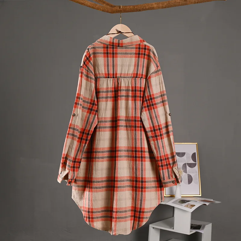 قميص من القطن والكتان، معطف رقيق متوسط الطول للربيع والصيف، سترة كبيرة الحجم، قميص منقوش، تصميم كاجوال #2