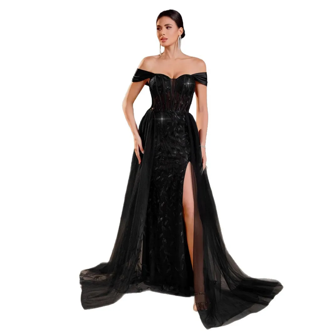 Ele One-oulder Slit Heavy Work Par Dr Abito da sera Lunghezza pavimento Svel Vita alta Matrimonio Dr per la celebrazione