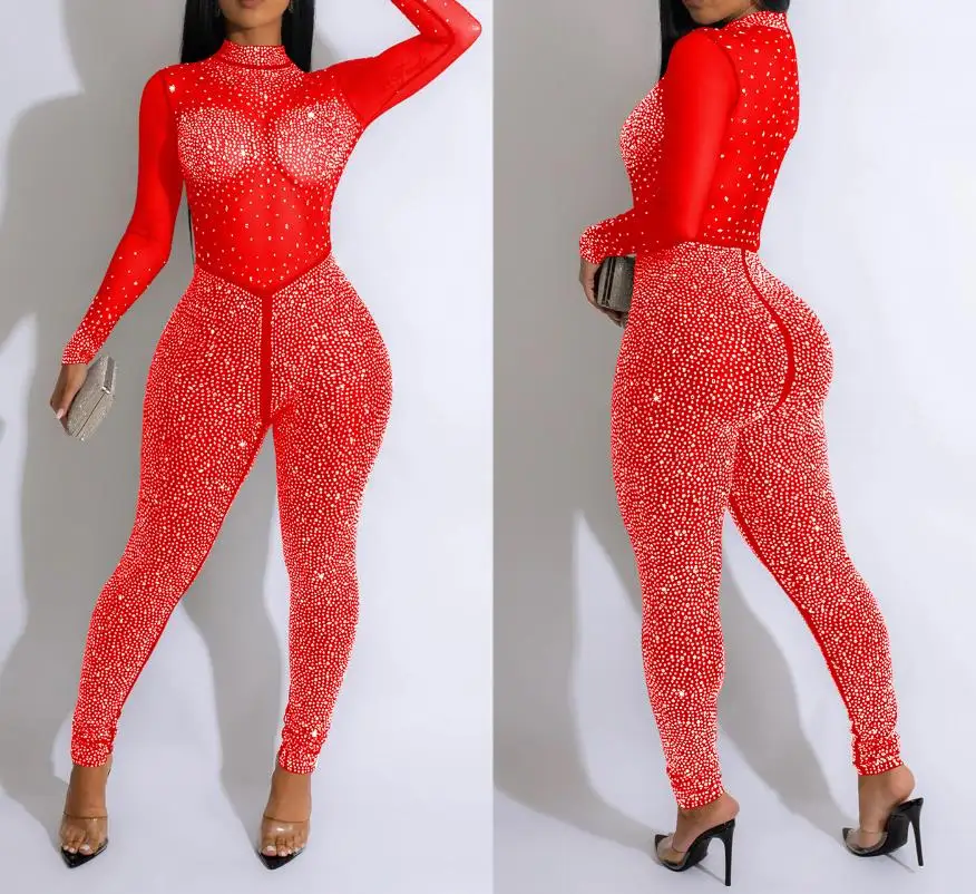 Sexy Party Jumpsuits Women 2023 Autumn Solid Mesh Diamond Fashion Long Sleeve Pants Jumpsuit Clubwear Female Overalls Streetwear