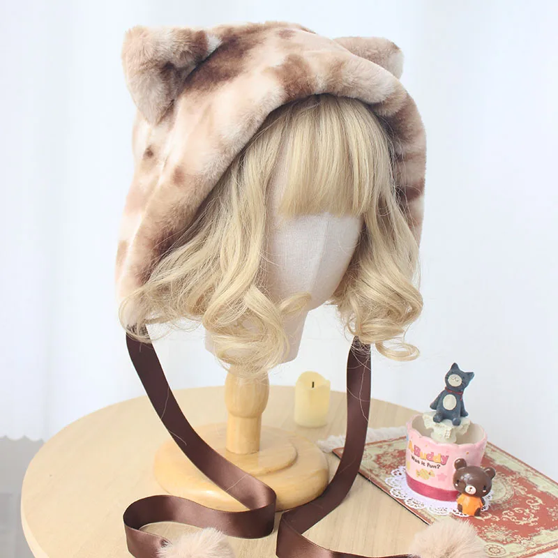 Original Design Cat Ears Warm Earflaps Cap Three-Flower Cat Furry Tabby Cat Lolita Cute Winter Hat