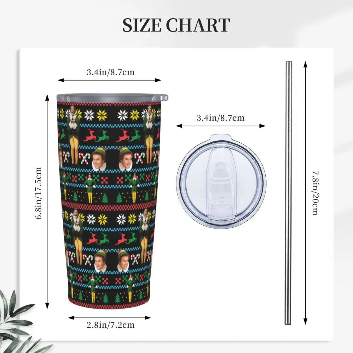 Buddy The Elf Ugly Christmas Sweater Xmas Movie Will Ferrell Stainless Steel Tumbler Vacuum Insulated Mug Thermal Cold CupStraws