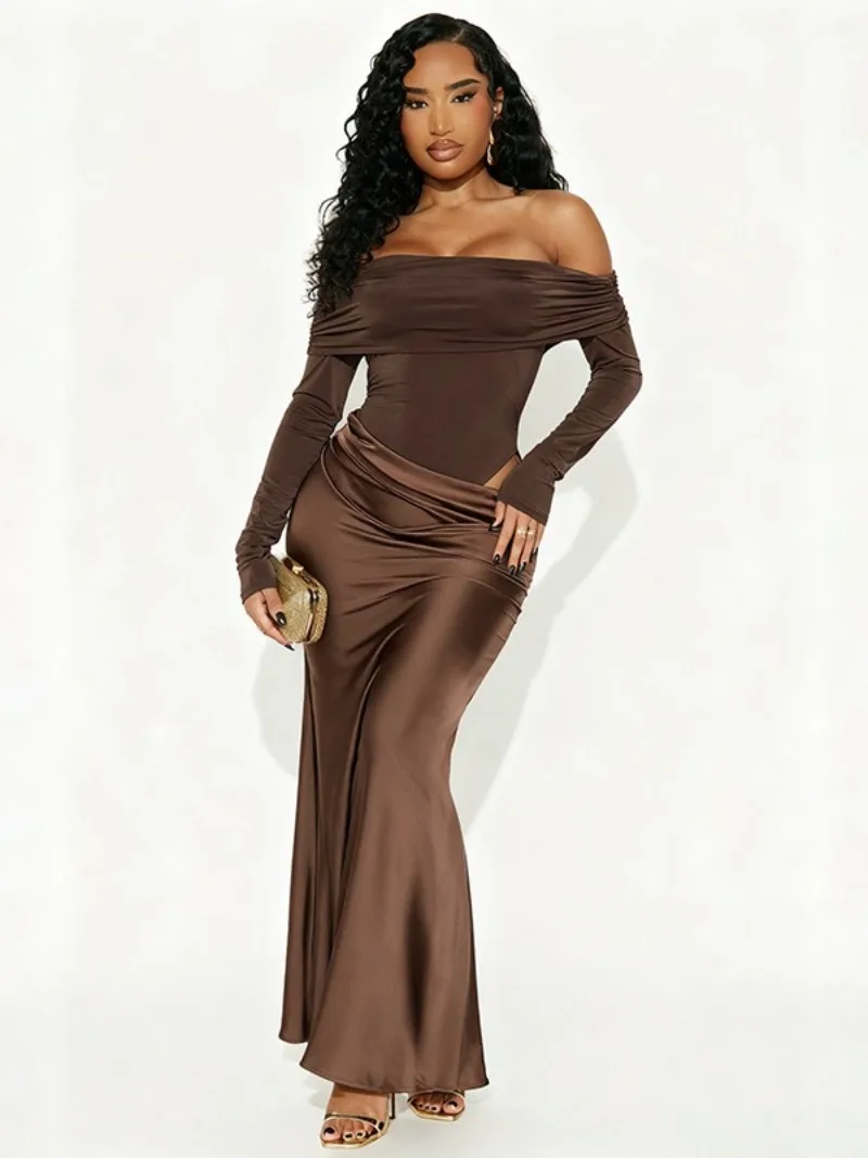 FDYOUI エレガントシックサテンパッチワークホローアウトロングドレス女性スラッシュネックフルスリーブ非対称ブラウンイブニングパーティードレス