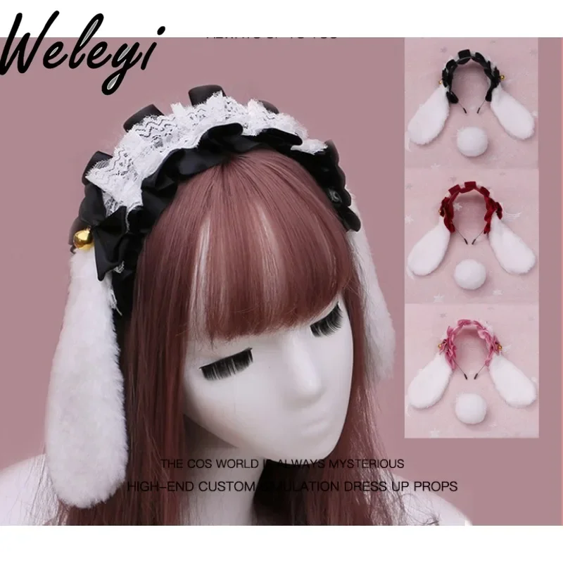 

Kawaii Jirai Kei Lace Rabbit Ears Hair Accessories Lolita Japanese Style Cute Headbands Plush Cos Props Sweet Headband Headgear